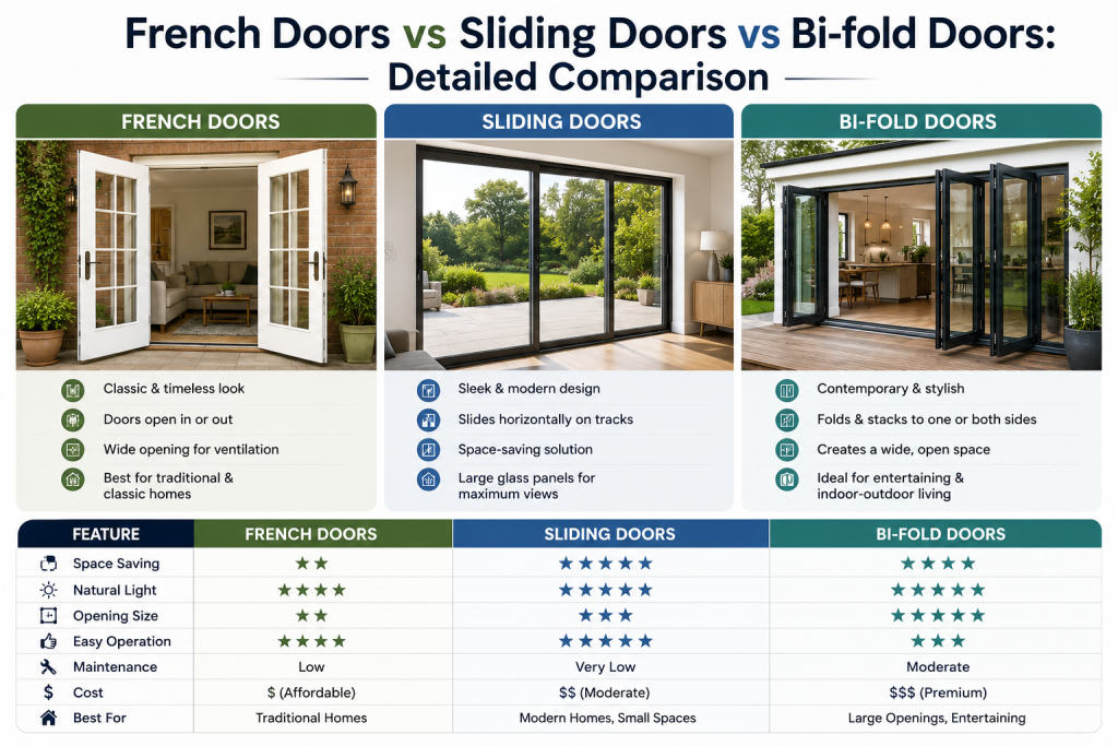 French Doors vs Sliding Doors vs Bi-fold Doors: Detailed Comparison